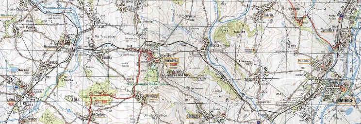 Vřez mapy v mstech trati 046 (mezi Hněvčevs a Smiřicemi)